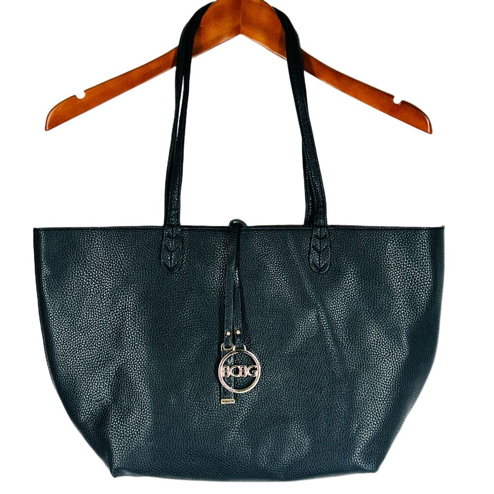 BCBG Reversible Tote Bag Textured Faux Leather Black Brown Gold Logo Charm - Picture 3 of 13